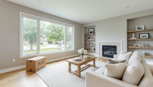 Staged living room in a Georgetown, Ontario home with packed box and ‘For Sale’ sign visible outside