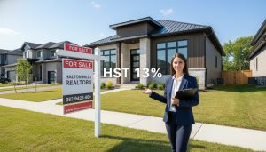 Real estate agent pointing at a new build home in Georgetown with 'HST 13%' overlay