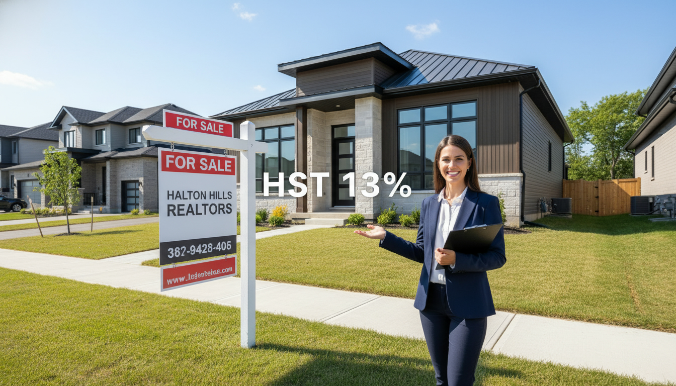 Real estate agent pointing at a new build home in Georgetown with 'HST 13%' overlay