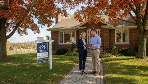 Realtor and homeowner reviewing mortgage documents outside a house in Georgetown, Ontario