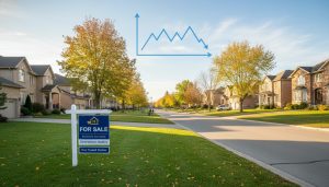 Georgetown Ontario suburban homes with a for sale sign and a market trend graph overlay