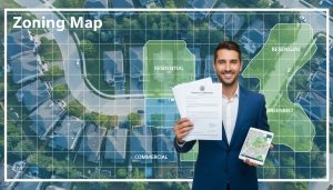 Realtor reviewing zoning map overlay on Georgetown neighborhood with property documents