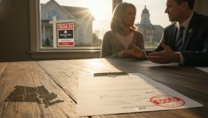 Realtor reviewing a contract with a homeowner in Georgetown, Ontario with a 'Sold' sign and a courthouse silhouette in the background.