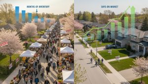 Aerial view of Georgetown homes showing 'Sold' and 'For Sale' signs with market data overlays.