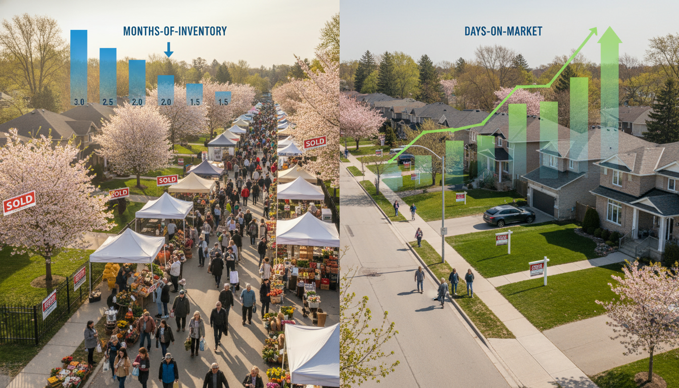 Aerial view of Georgetown homes showing 'Sold' and 'For Sale' signs with market data overlays.