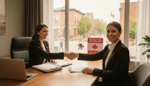 Real estate lawyer finalizing closing documents with seller and realtor in Georgetown, Ontario; handshake and keys visible