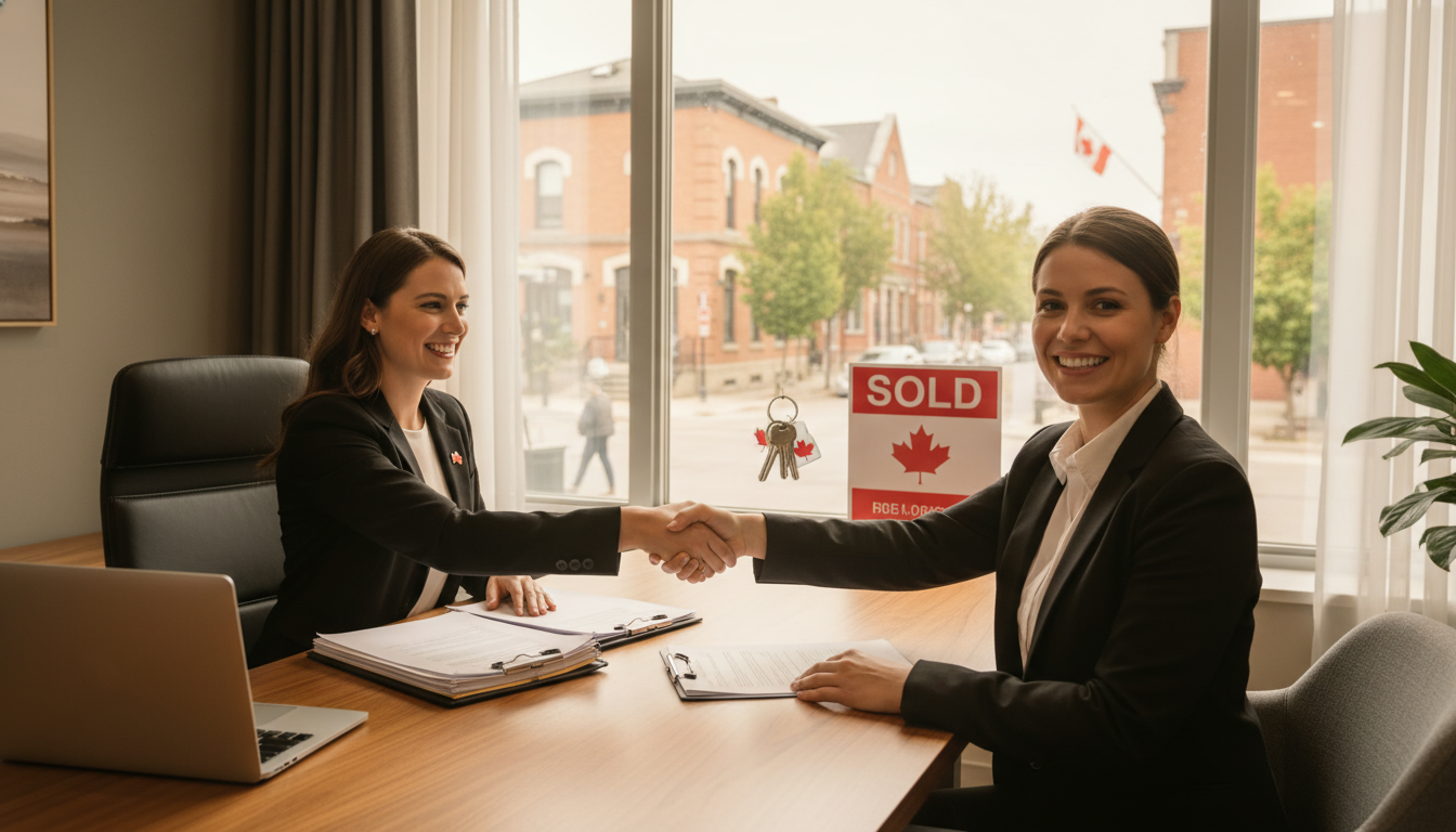 Real estate lawyer finalizing closing documents with seller and realtor in Georgetown, Ontario; handshake and keys visible