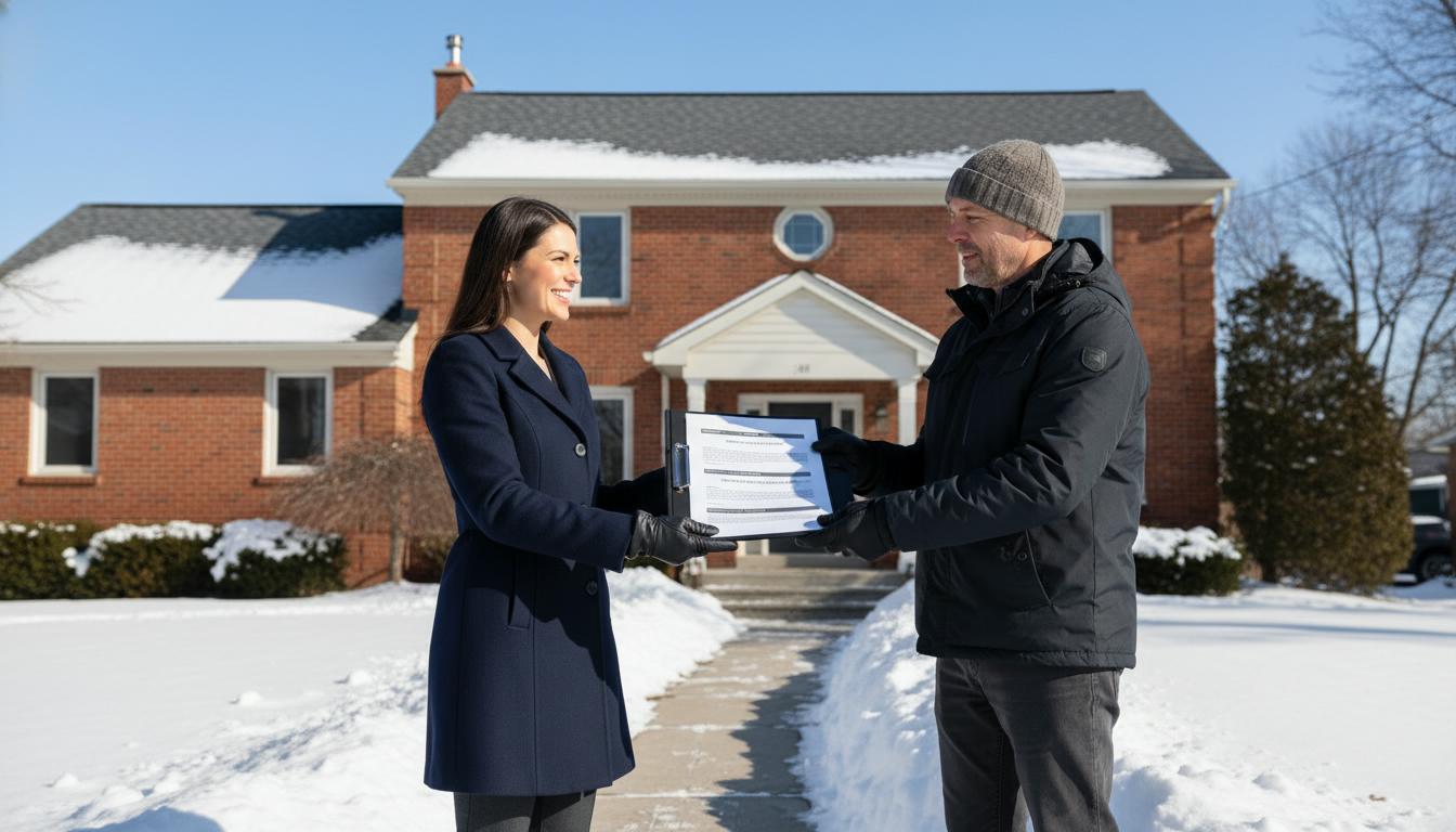 Real estate agent presenting pre-listing inspection packet to homeowner outside a Georgetown Ontario house with visible roof and winter setting.