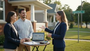 Realtor advising homeowners outside a Georgetown, Ontario house with insurance paperwork and calculator