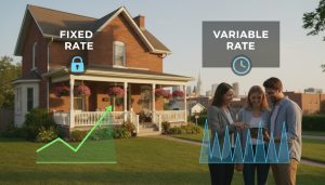 Realtor explaining fixed vs variable mortgage rates to homeowners in Georgetown, Ontario