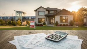 Modern Georgetown Ontario house with for-sale sign and tax documents on a table