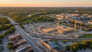 Aerial view of Georgetown, Ontario showing new housing construction, GO train station, and downtown area.
