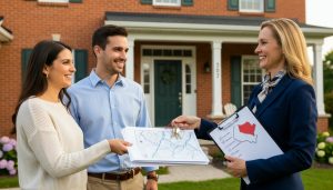 Realtor handing closing documents and keys to new homeowners outside a Georgetown Ontario house
