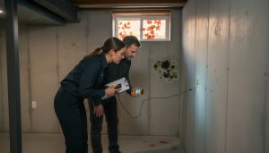 Home inspector using a moisture meter to check for mold and water damage in a Georgetown, Ontario basement