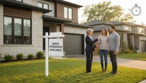 Georgetown home with 'Quick Possession Available' for sale sign, agent handing keys to buyers with a clock icon showing speed.