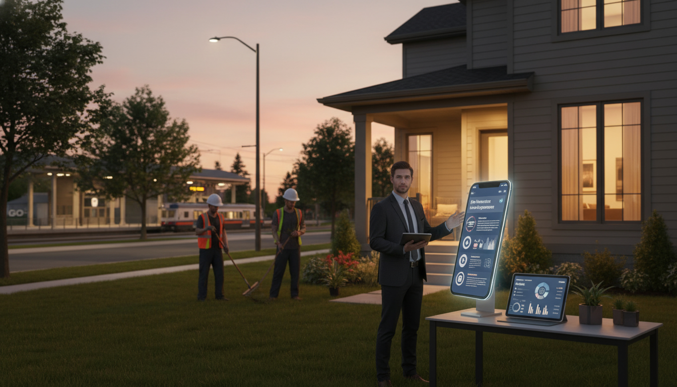 Modern Georgetown Ontario rental property at dusk with GO station visible, agent using remote property management apps on a tablet