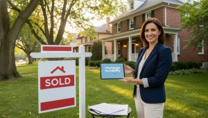 Realtor with sold sign, mortgage documents and tablet showing 'Mortgage Portability' in front of a Georgetown, Ontario home
