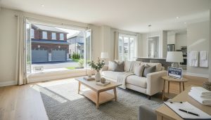 Staged clean living room of a move-in-ready home in Georgetown Ontario with natural light and curb appeal