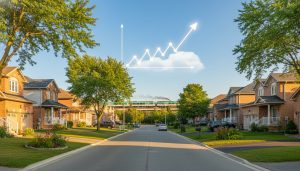 Georgetown Ontario suburban homes with a rising property value graph overlay