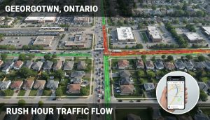 Aerial view of a Georgetown ON neighborhood with traffic heatmap overlay and a GO station; inset of a person checking commute on a smartphone.