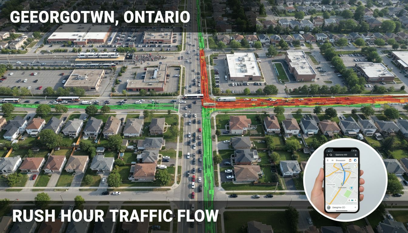 Aerial view of a Georgetown ON neighborhood with traffic heatmap overlay and a GO station; inset of a person checking commute on a smartphone.