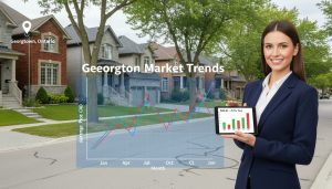 Georgetown Ontario homes with overlaid market trend chart and realtor holding tablet