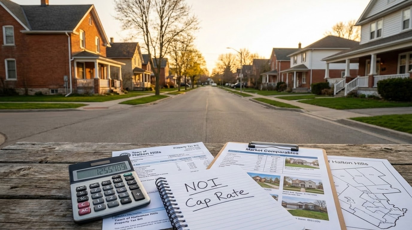 Georgetown Ontario homes with property tax bill, calculator and market comparables on a clipboard
