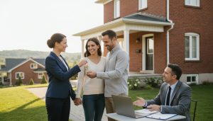 Realtor handing keys to buyers outside a brick house in Georgetown, Ontario during a home closing