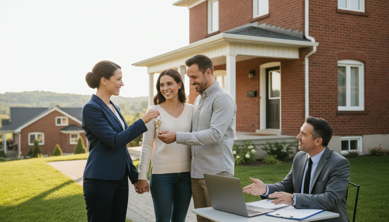 Realtor handing keys to buyers outside a brick house in Georgetown, Ontario during a home closing
