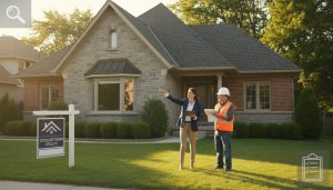 Real estate agent and contractor inspecting a suburban home in Georgetown, Ontario with clipboard and tablet.