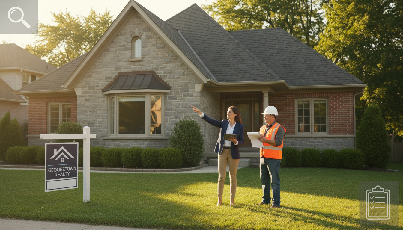 Real estate agent and contractor inspecting a suburban home in Georgetown, Ontario with clipboard and tablet.