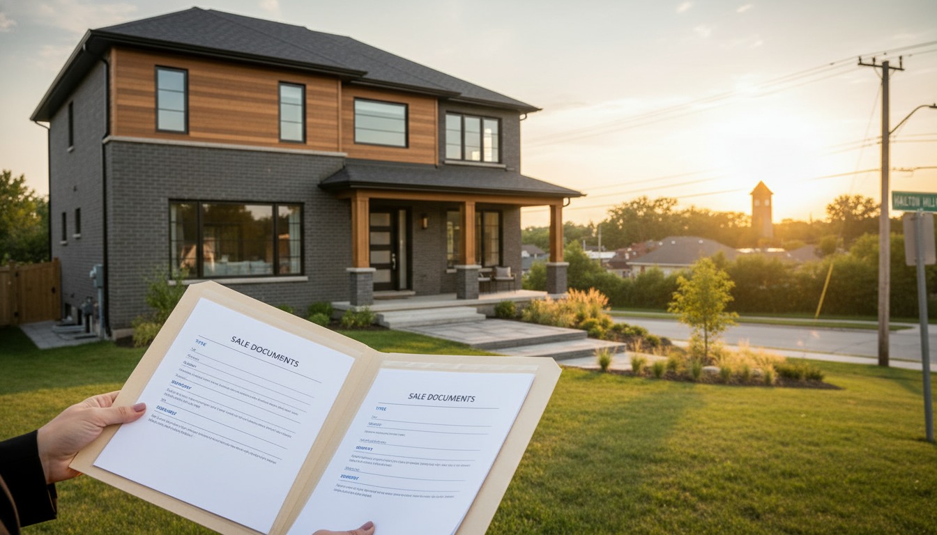 Realtor holding sale documents in front of a Georgetown, Ontario house with neighborhood in background