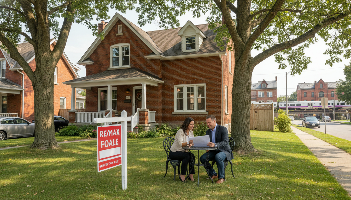 Home for sale in Georgetown, Ontario with sellers reviewing an offer on the front lawn