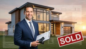 Realtor with documents and calculator in front of a Georgetown house with sold sign and tax forms overlay