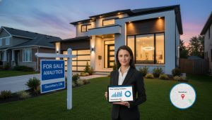 Georgetown Ontario home with 'For Sale' sign and realtor holding tablet showing listing analytics