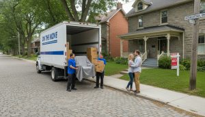 Moving truck and movers carrying furniture on a heritage street in Georgetown Ontario with SOLD sign