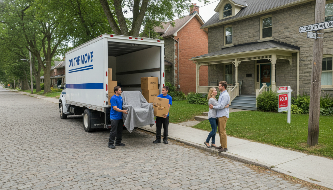 Moving truck and movers carrying furniture on a heritage street in Georgetown Ontario with SOLD sign