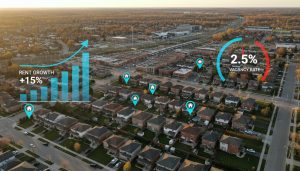 Aerial view of a Georgetown neighbourhood with data overlays showing rental demand metrics