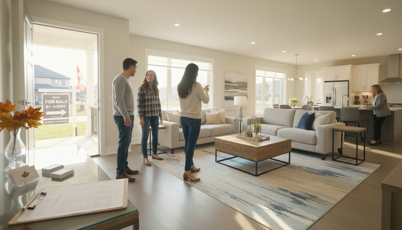 Staged living room at a Georgetown open house with sign-in table and visitors