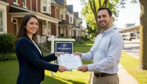 Realtor handing documents to homeowner in Georgetown Ontario with For Sale sign in background