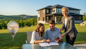 Realtor and couple reviewing mortgage documents outside a home in Georgetown Ontario with Halton Hills scenery
