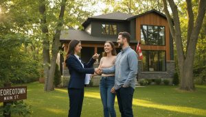 Real estate agent handing keys to buyers in front of a house in Georgetown Ontario with Main Street signage visible.