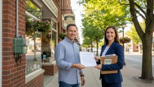Real estate agent handing closing documents to homeowner outside a Georgetown, Ontario street with utility meters visible