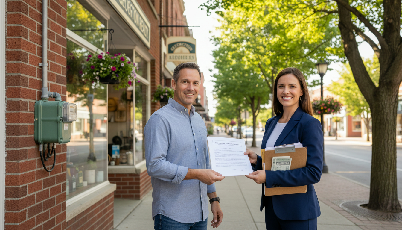 Real estate agent handing closing documents to homeowner outside a Georgetown, Ontario street with utility meters visible