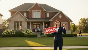 Georgetown Ontario home with realtor holding SOLD sign and keys at sunset, showing a successful home sale.