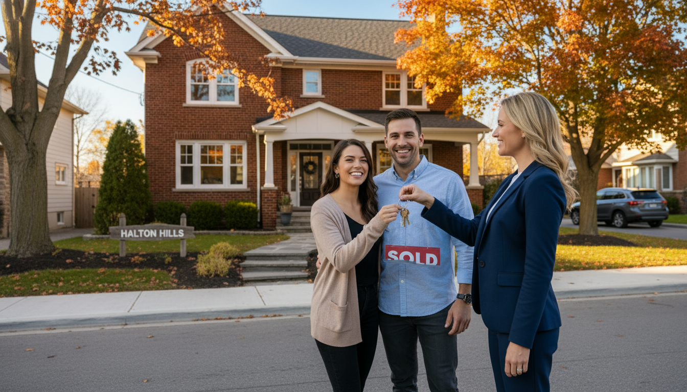 Real estate agent handing keys to sellers in front of a Georgetown Ontario house