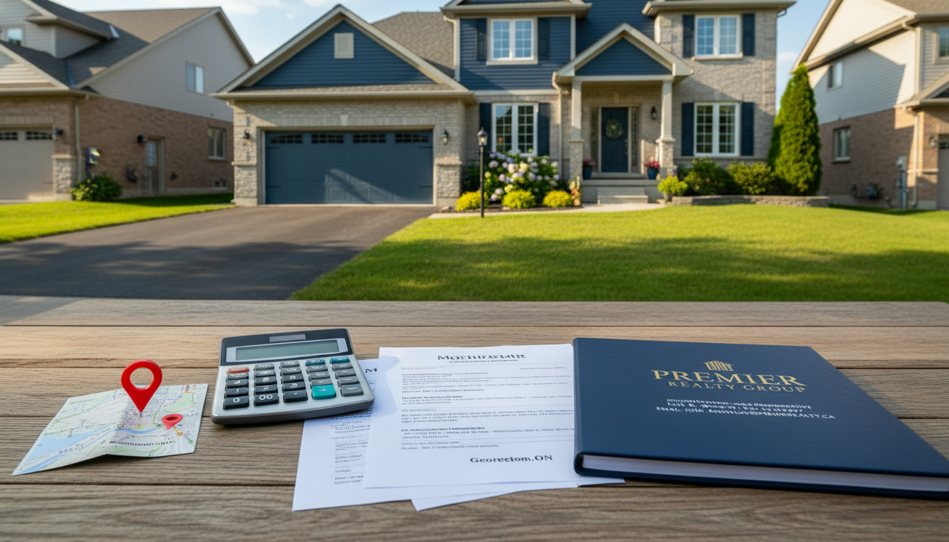 Georgetown Ontario house with mortgage papers, calculator and map pin showing Georgetown ON