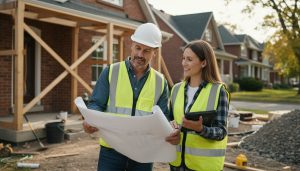 Contractor and homeowner reviewing renovation plans outside a home in Georgetown, Ontario
