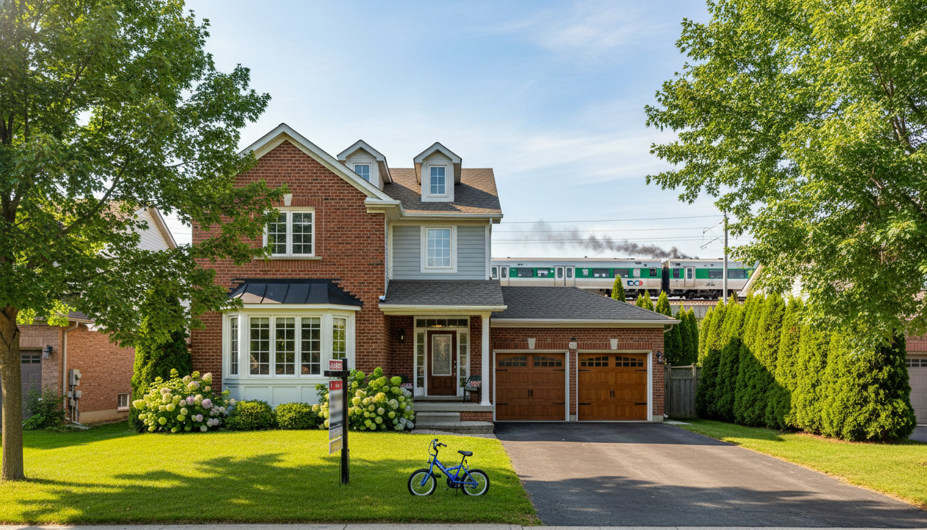 Well-kept Georgetown Ontario house with for sale sign and GO Train in background