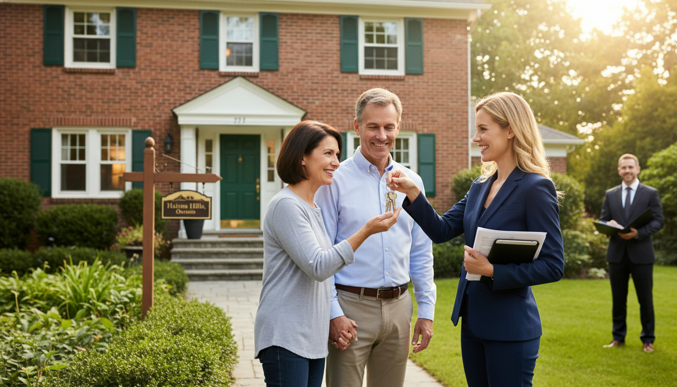 Realtor handing keys to home sellers in front of a Georgetown Ontario home with lawyer in background holding paperwork.